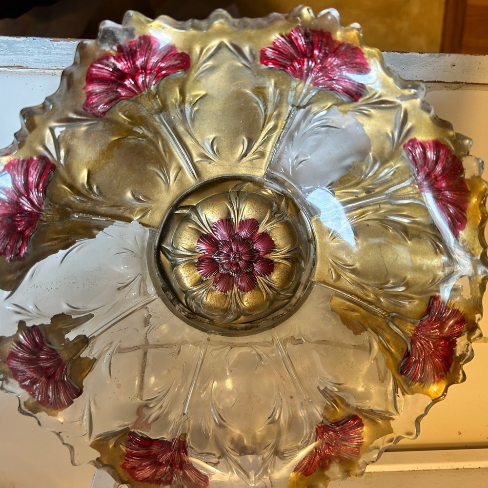 Antique Goofus Glass Bowl Red Carnation Gold Scalloped Intaglio Floral Dish MCM